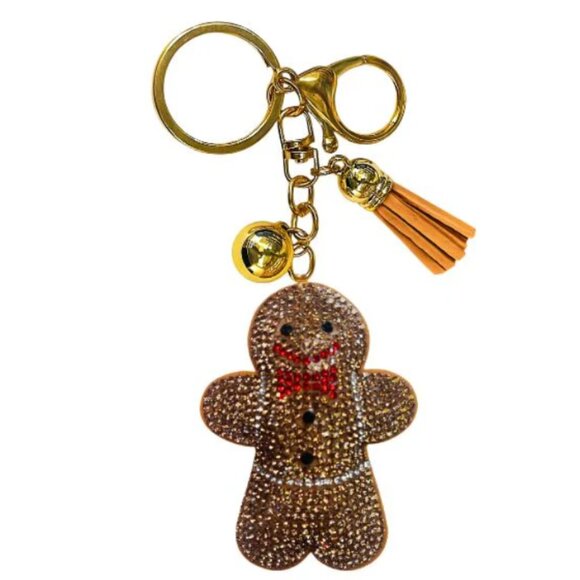 NWT Gold Gingerbread Man Crystal Keychain Wristlet – Sparkly Holiday Bag Charm - Picture 1 of 1
